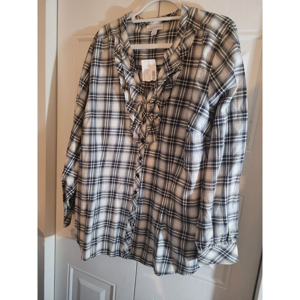 Fashion Bug 1X Tunic Top Black Plaid Ruffle Pintuck Roll Tab Slv Plus Size Shirt